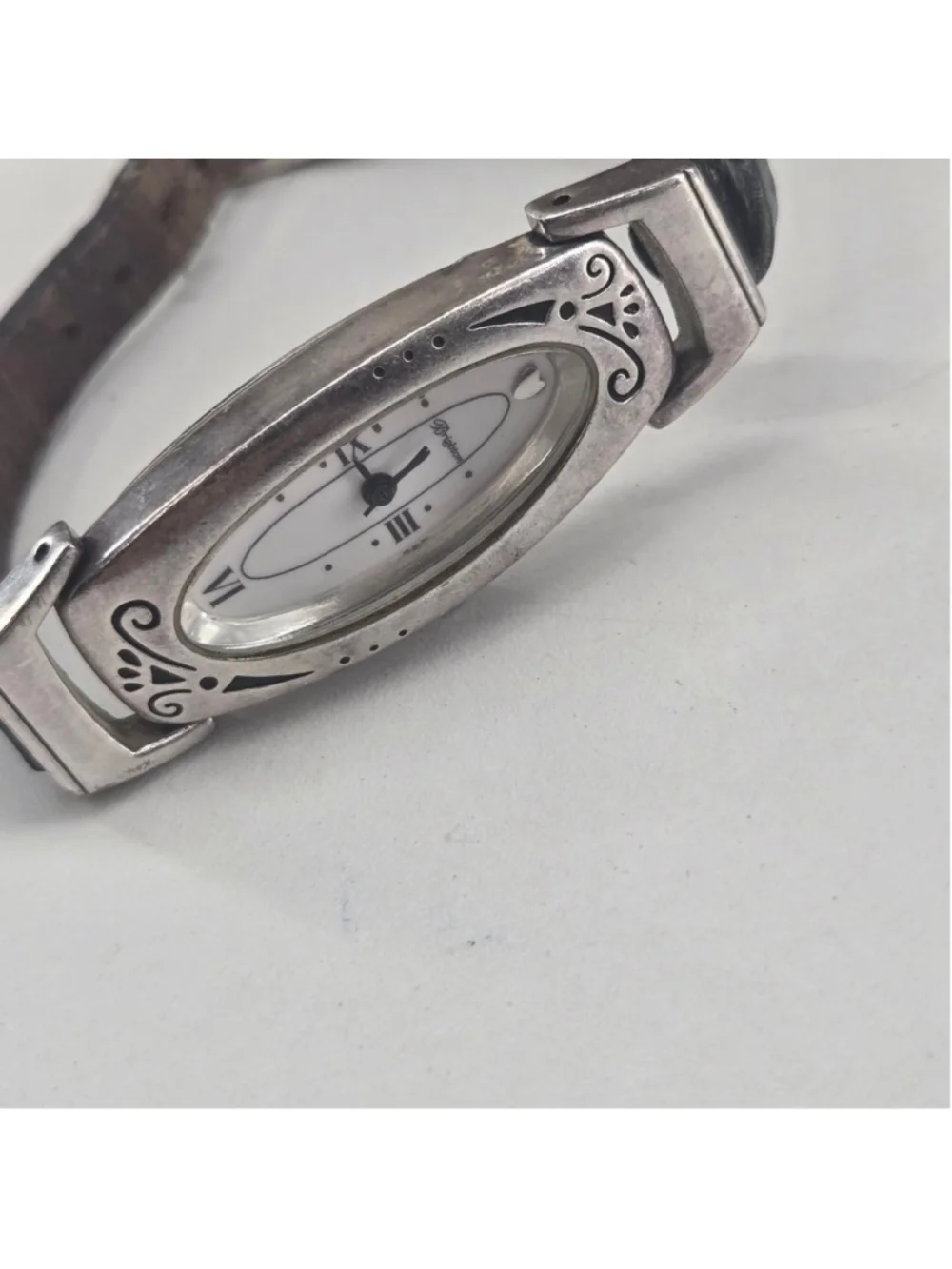 Vintage Brighton Claremont Silvertone Watch Black Leather Functional Battery